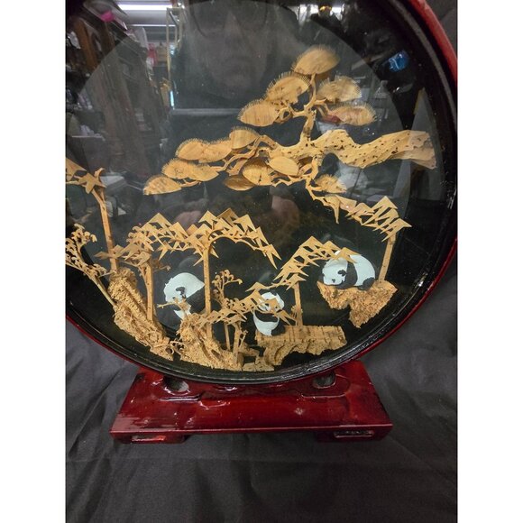 Vintage Chinese Panda Bamboo Diorama In Glass Case With Wooden Stand - Picture 2 of 8